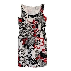 Dress Barn Sleeveless Floral Midi Dress Back Zipper Size 10 Black Red White